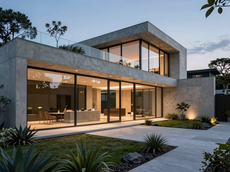 Stunning modern luxury residence with concrete walls, floor-to-ceiling glass, and a perfectly executed minimalist garden with structural plants, twilight lighting