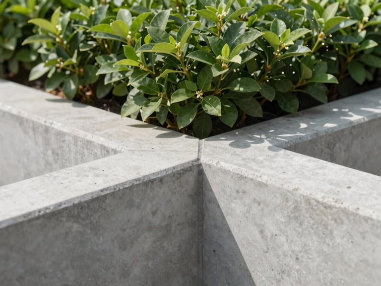 Close-up of clean concrete joints meeting lush green foliage, sharp architectural lines, daylight
