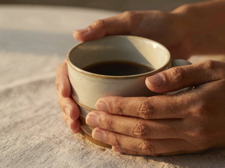 Close-up macro shot of hands holding a warm ceramic mug over a textured linen tablecloth, soft warm golden hour lighting.
