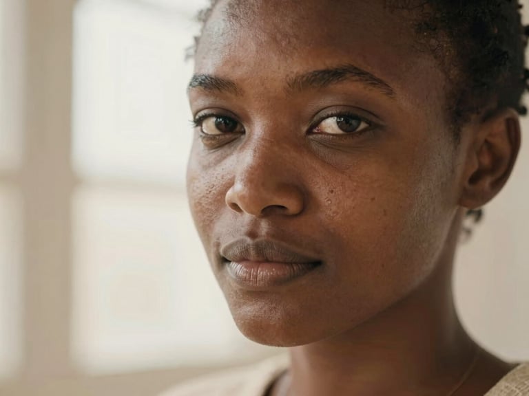 Close-up portrait of a Kenyan woman with glowing, natural skin texture, soft warm morning light, cream and beige tones, shallow depth of field