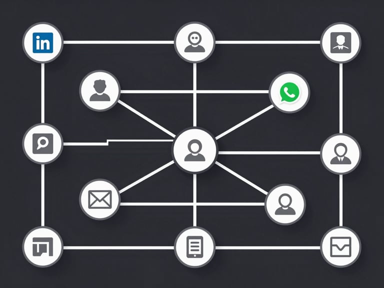 Abstract vector schematic of interconnected nodes and lines representing various digital platforms (LinkedIn, WhatsApp, Email icons subtly integrated), showing seamless data flow and integration. Flat geometric design, stark white and charcoal, sharp vector lines, high-tech abstract workflow.