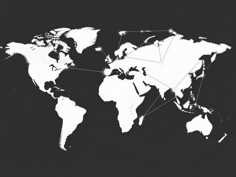 Clean vector illustration of a global network with glowing nodes, representing continuous, round-the-clock activity and data flow. Flat geometric design, stark white and charcoal, sharp vector lines, high-tech abstract workflow.