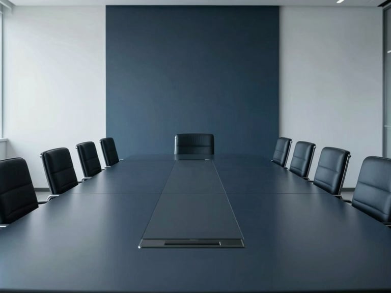Symmetrical view of an empty executive boardroom, minimalist corporate photography, cool diffused daylight, deep navy and slate tones, architectural symmetry, 35mm lens
