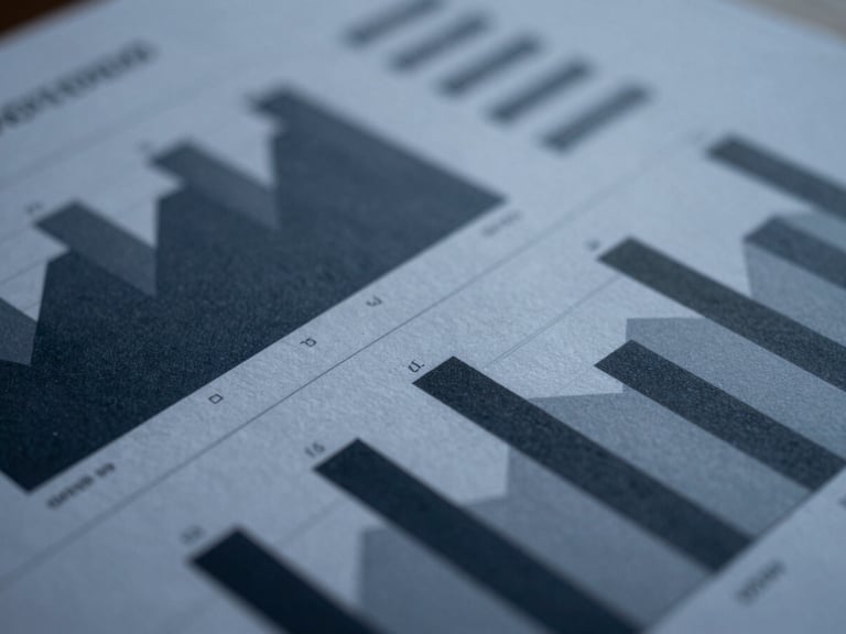 Close-up of a high-quality paper document with financial charts, sharp geometric shadows, cool diffused daylight, deep navy and slate tones, 35mm lens