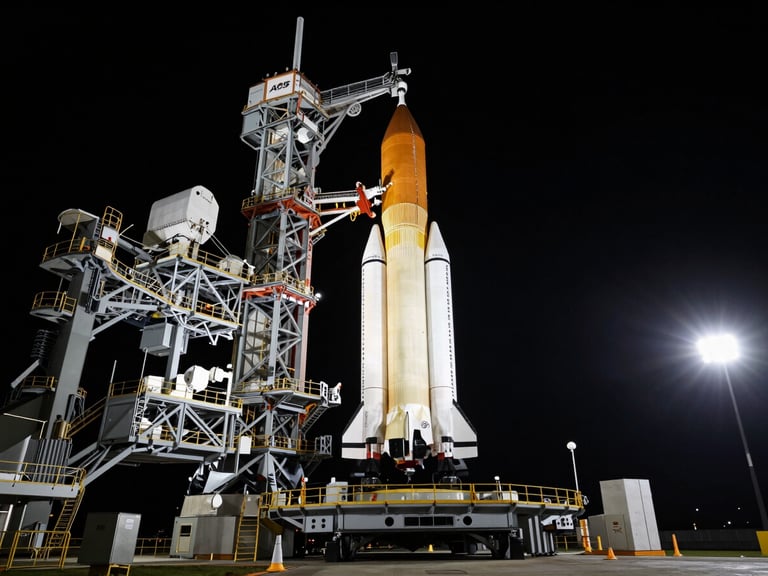 Extreme wide shot of the SLS rocket on the launchpad at night under dramatic floodlights, high-contrast deep shadows, cinematic aerospace photography, 70mm