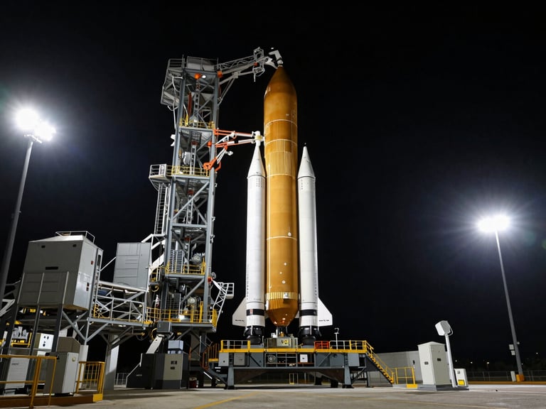 Extreme wide shot of the SLS rocket stack on Launchpad 39B under dramatic floodlights at night, high-contrast deep shadows, cinematic aerospace photography