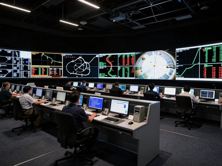 A wide-angle view of NASA mission control during a live simulation, glowing telemetry screens reflecting on clean consoles, high-contrast low light