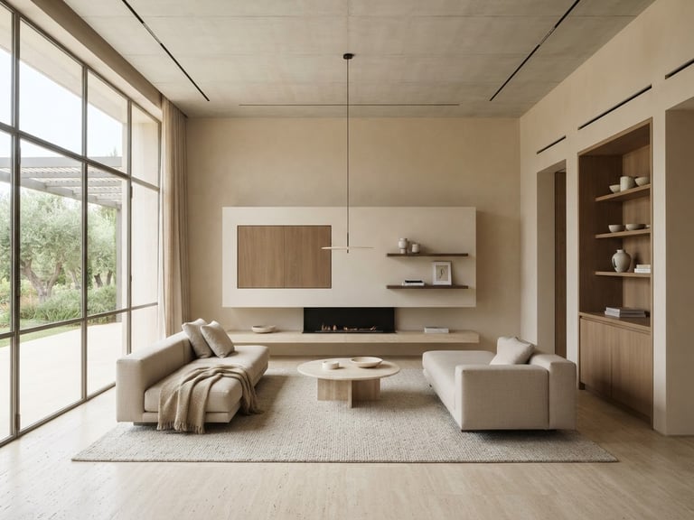 Straight-on architectural elevation of a minimalist luxury living room, bright natural daylight, warm sand tones, sharp focus, 35mm