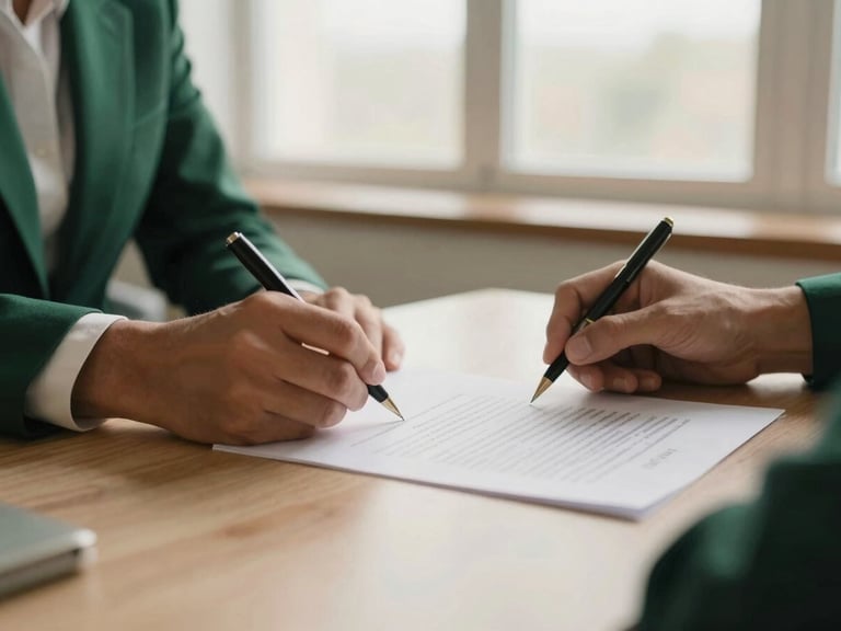 Hands signing a legal document in a warm, naturally lit office, shallow depth of field, 35mm, deep emerald and sand tones, soft morning window light. Focus on the document and pen.
