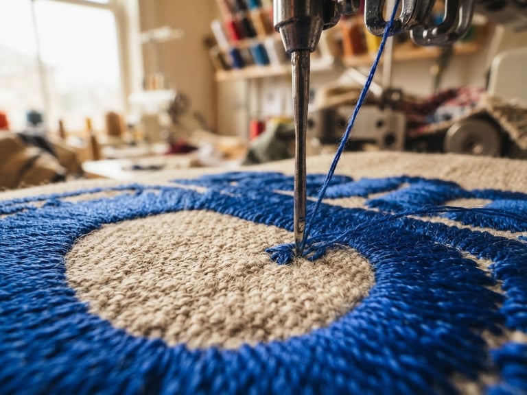 Macro shot of industrial embroidery machine needles threading vibrant cobalt blue yarn into heavy canvas fabric, natural workshop lighting, shallow depth of field, 35mm