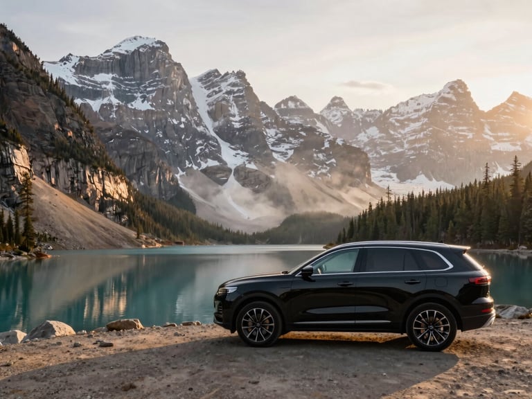 Cinematic wide-angle shot of a premium black SUV parked quietly on the gravel edge of Moraine Lake at golden hour. The pristine turquoise water reflects the towering, snow-dusted peaks of the Valley of the Ten Peaks. Soft golden mist rises from the pine forest in the background. Ultra-realistic, high-end travel editorial style.