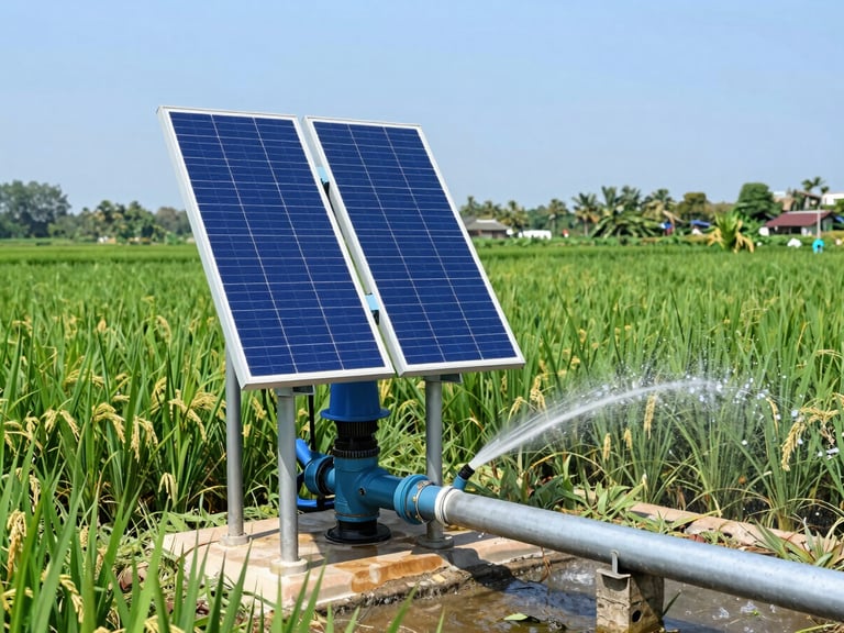 Solar water pump system in a green Indonesian rice field, water spraying from a pipe, clear sunny day, lush background