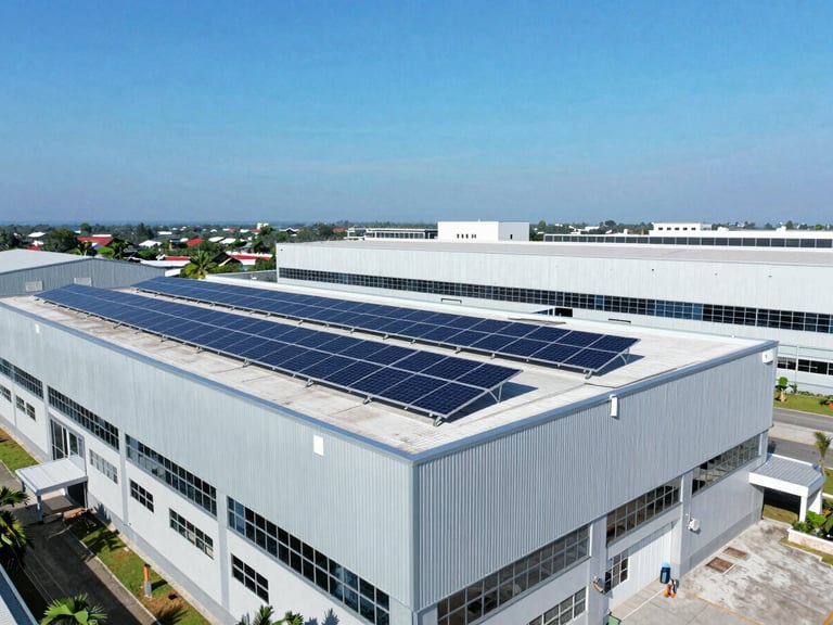 Drone shot of pristine rooftop solar installations on a modern Indonesian factory, bright direct sunlight, vibrant blue sky, sharp architectural focus