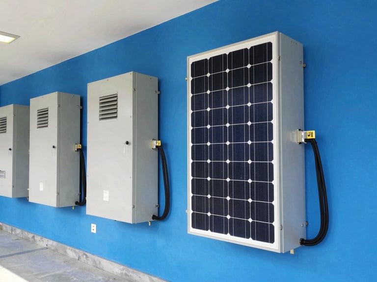 Clean medium shot of industrial solar inverters and cabling on a painted wall, neat engineering installation, indoor safety lighting