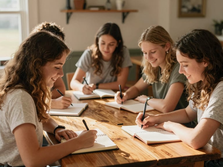 A group of young women collaborating around a wooden table in a sunlit Georgia community center, smiling and writing in journals, warm natural light, candid 35mm photography.