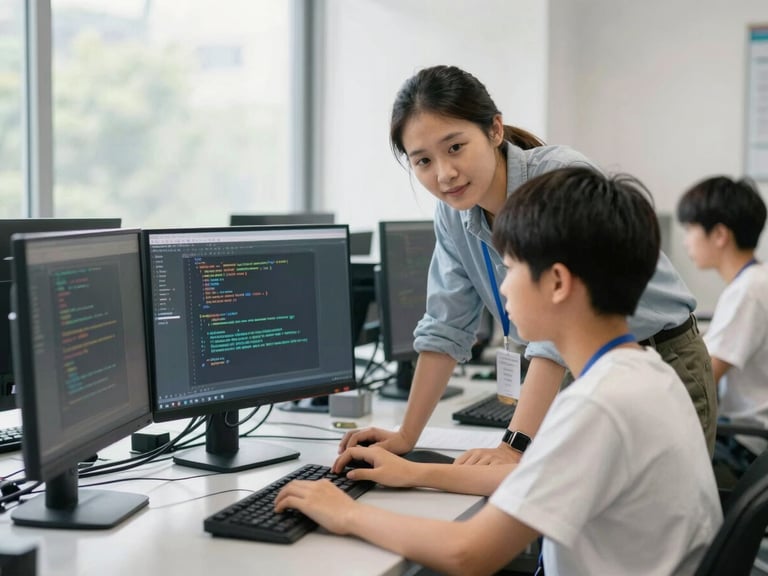 An instructor guiding a student over their shoulder in a bright computer lab, screens showing code, natural window light, 35mm lens.
