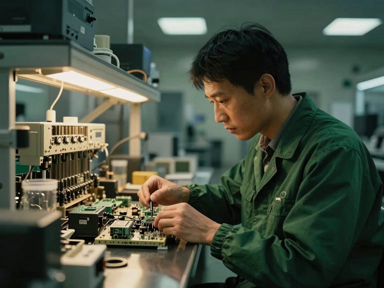 Meticulous quality inspector examining electronics in a clean, modern Chinese factory, sharp focus, cinematic lighting, deep forest green tones, 35mm