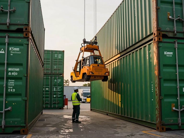 Professional logistics team overseeing container unloading at a modern warehouse in Kinshasa, deep forest green tones, sharp focus, 35mm
