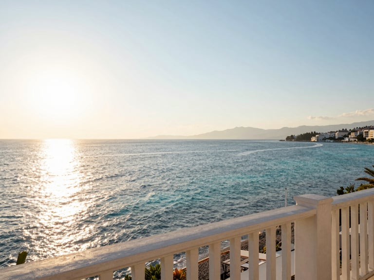 Wide-angle editorial travel photography of a sun-drenched balcony overlooking the turquoise Mediterranean sea in Aydıncık, warm golden-hour sunlight reflecting off the calm water.