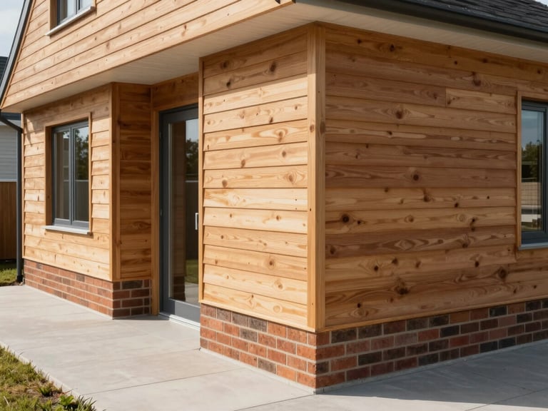 Close-up architectural shot of high-quality exterior finishes on a modern single-storey bungalow, showing neat timber cladding, brickwork foundations, and a pristine paved pathway under bright British daylight.