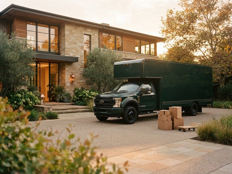 A pristine dark forest green moving truck parked outside a modern luxury home, warm golden-hour daylight, elegant and organized, 35mm photography