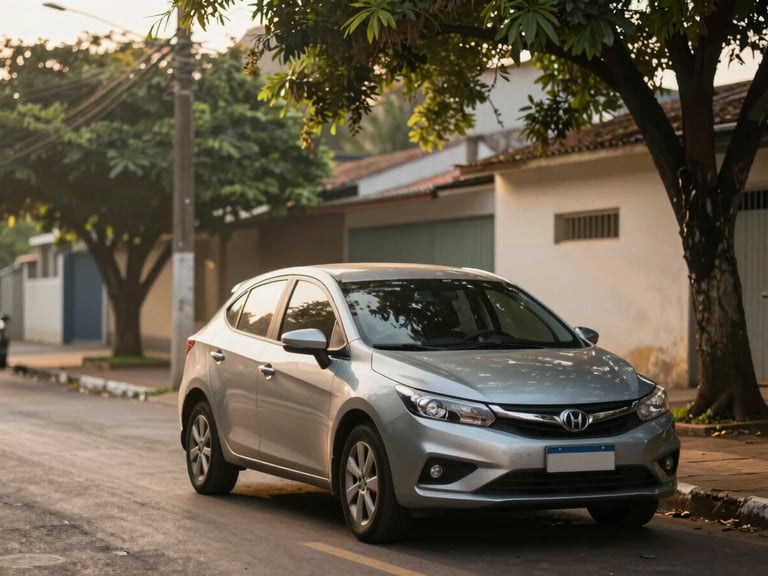 A modern car parked on a quiet, tree-lined street in Brazil during soft golden morning light, realistic warm editorial photography