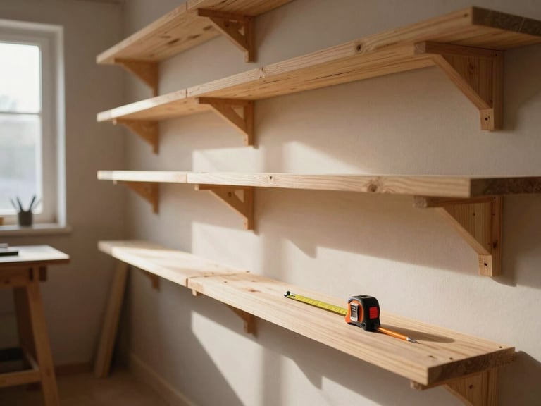 Wide environmental shot of a carpentry workspace: wooden shelves being fitted to a wall, a measuring tape and pencil resting on a plank, daylight through a nearby window casting soft shadows across the wood grain