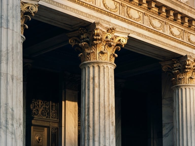 Close-up of a marble column facade in a historic financial building, soft low-angle sunlight, clean architectural details, prestigious editorial