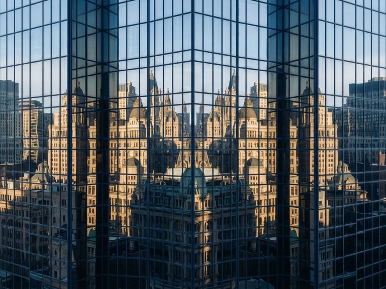Abstract geometric reflection on a glass skyscraper facade, clean symmetrical lines, cool daylight, high-contrast architectural editorial