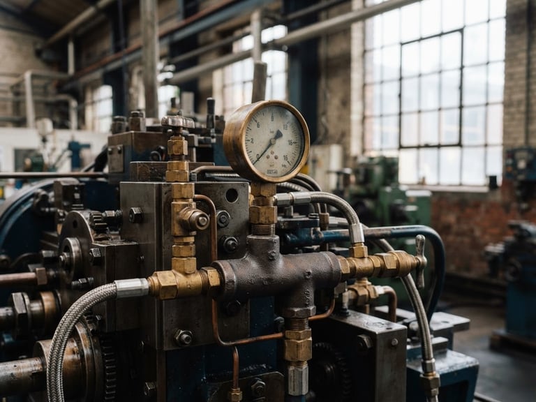 Close-up of structured industrial machinery, brass and steel components, soft natural light filtering through warehouse windows, sharp focus, 35mm