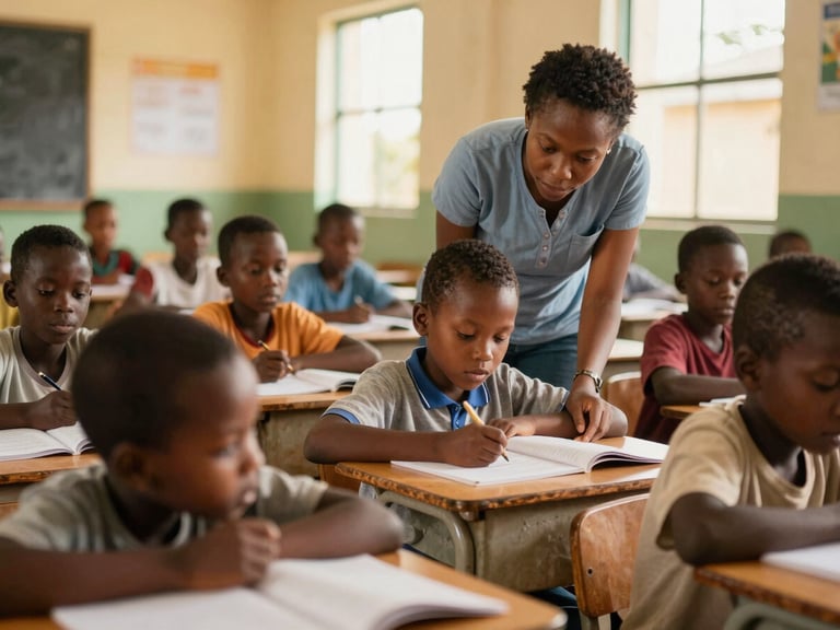 Candid shot of children focused on a lesson inside a bright classroom in Luanda, a teacher assisting, natural warm light, rich authentic tones, shallow depth of field