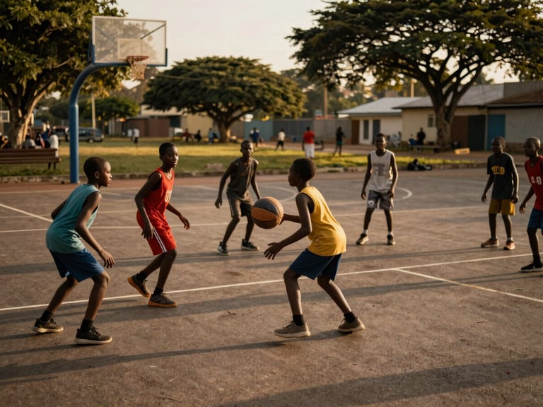 Children joyfully playing basketball on an outdoor court in Luanda, golden hour sunlight creating long shadows, candid framing, rich authentic tones