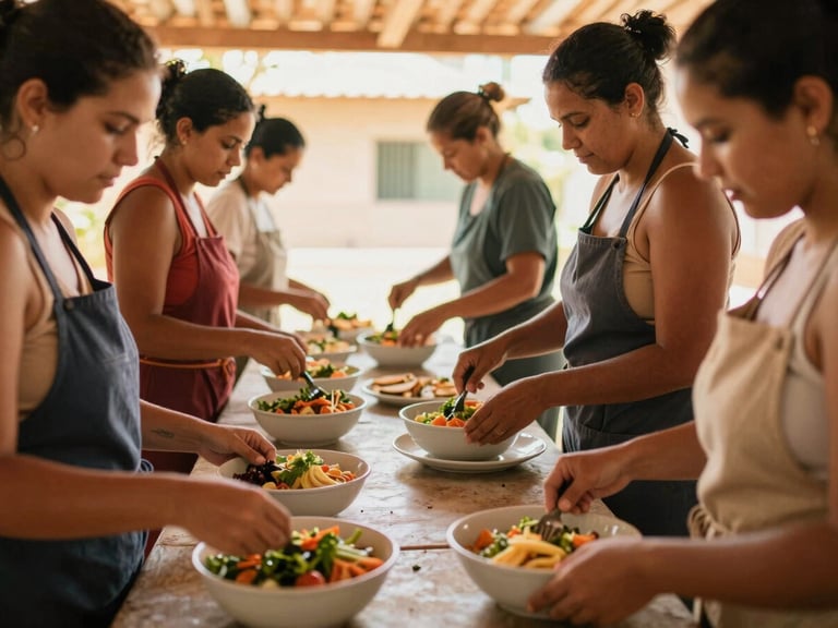 Cozinheiras locais preparando uma refeição saudável em uma cozinha comunitária limpa no Brasil, luz natural suave, tons quentes, foco nas mãos, 35mm.