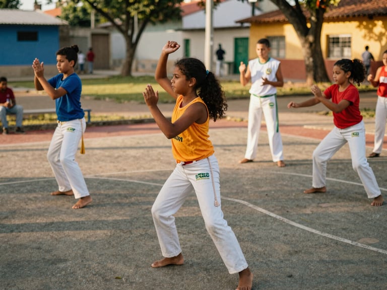 Crianças brasileiras praticando capoeira em uma quadra comunitária com energia, luz natural, tons vibrantes, enquadramento dinâmico, 35mm.