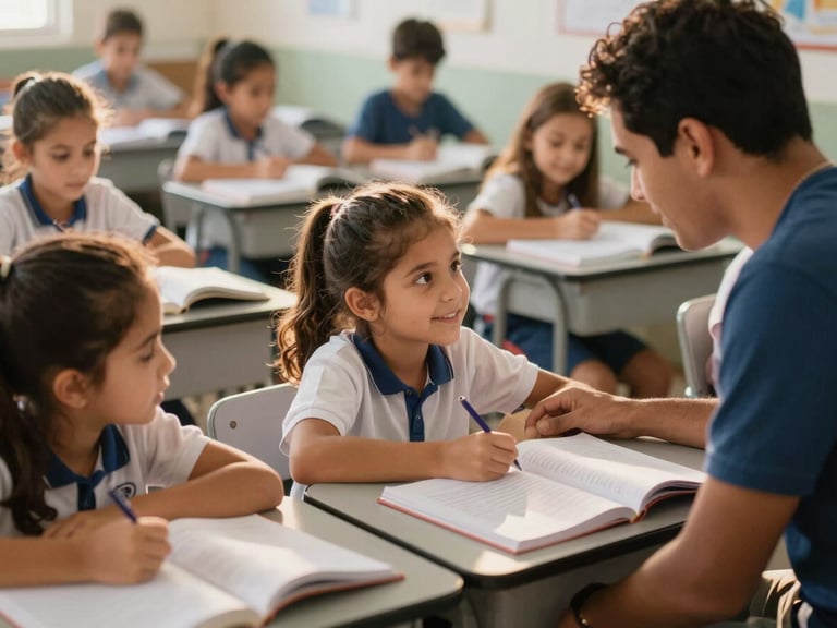 Crianças brasileiras em sala de aula, com livros e cadernos, recebendo apoio de um voluntário, luz natural, tons acolhedores, enquadramento focado na interação, 35mm.