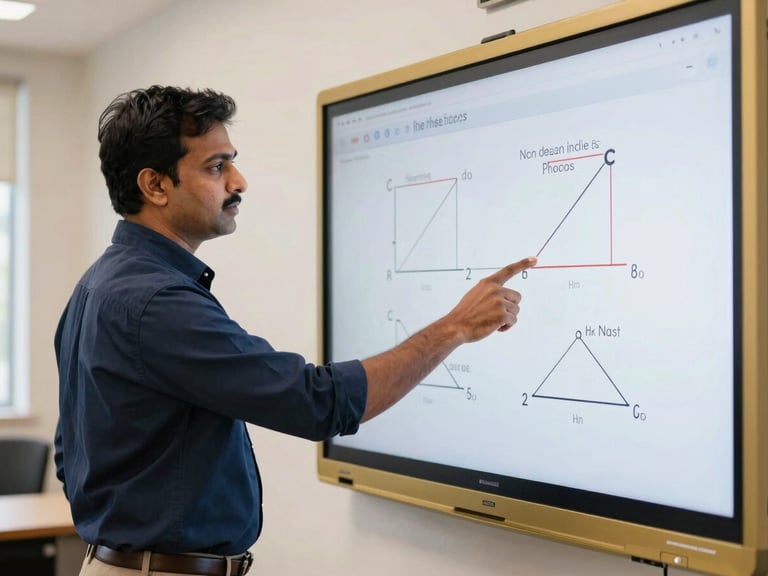 A professional South Indian male physics teacher in a well-lit modern classroom, pointing at a clear mechanics diagram on an interactive board, sharp focus.