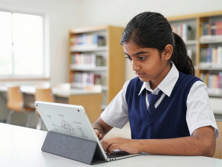 A focused Tamil Nadu high school student analyzing a complex biology diagram on a tablet in a bright, modern library, clean natural light, navy accents, 35mm lens