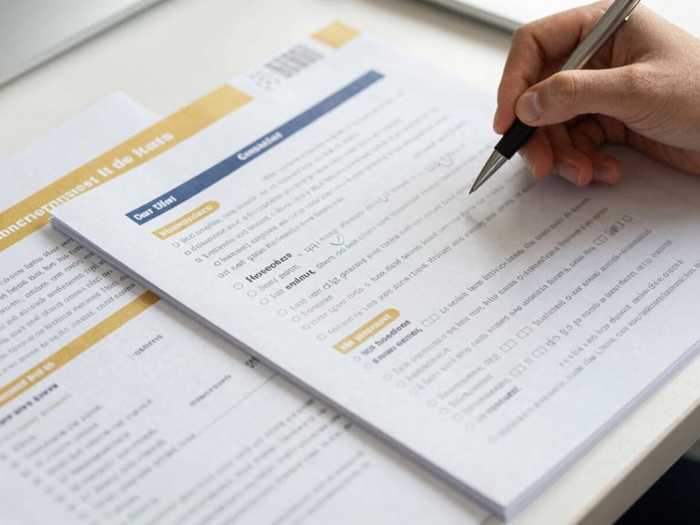 Close-up of structured study materials, test papers with gold and navy highlights, and a student's hand holding a pen under natural light.