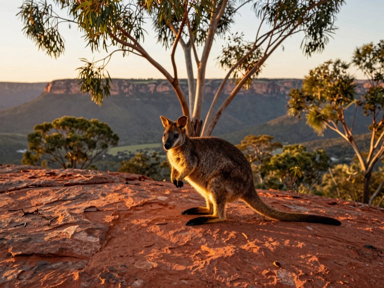 A yellow-footed rock wallaby sitting on a red sandstone ledge in Flinders Ranges, warm golden-hour rim light