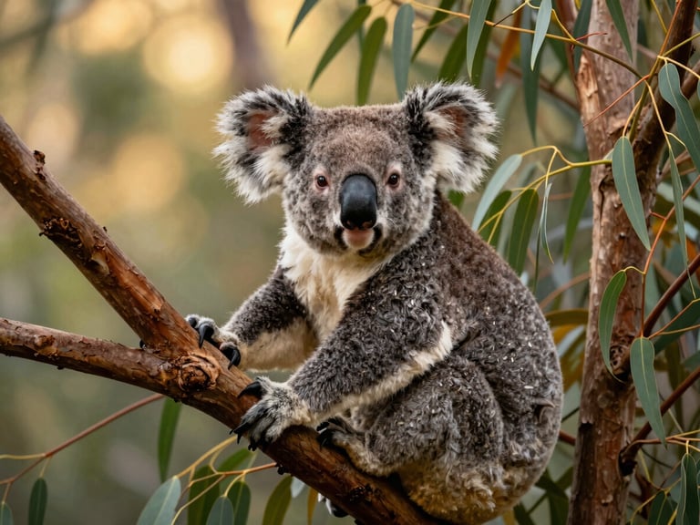 Close-up of a wild koala perched on a eucalyptus branch, soft natural light, out-of-focus green leaves background