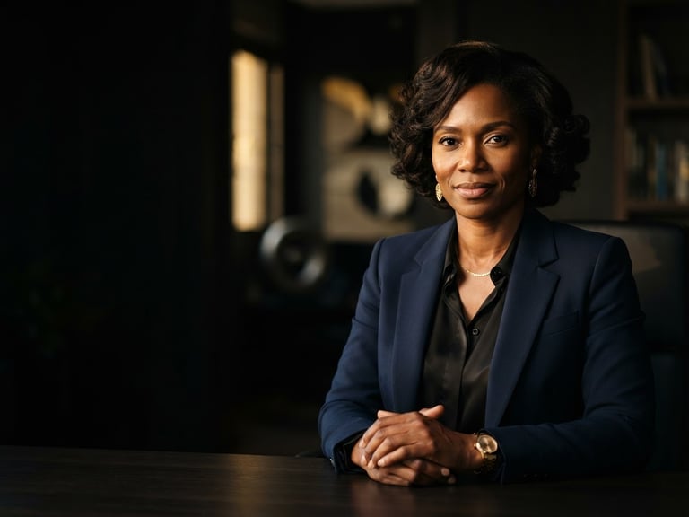 Editorial portrait of an elegant Equatorial Guinean woman in professional executive attire, confident gaze, dramatic low-key lighting with warm golden-hour highlights on dark skin, sharp focus, high-contrast, 85mm lens composition, negative space on the left.