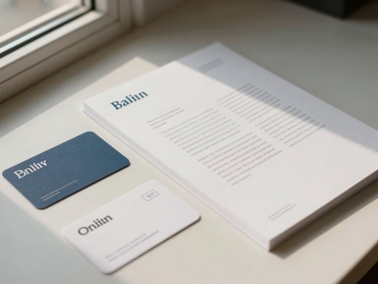 Close-up of a brand identity system laid flat on a pale surface — business card, letterhead, and brand guide open to a typography page, natural window light from the left, warm and precise
