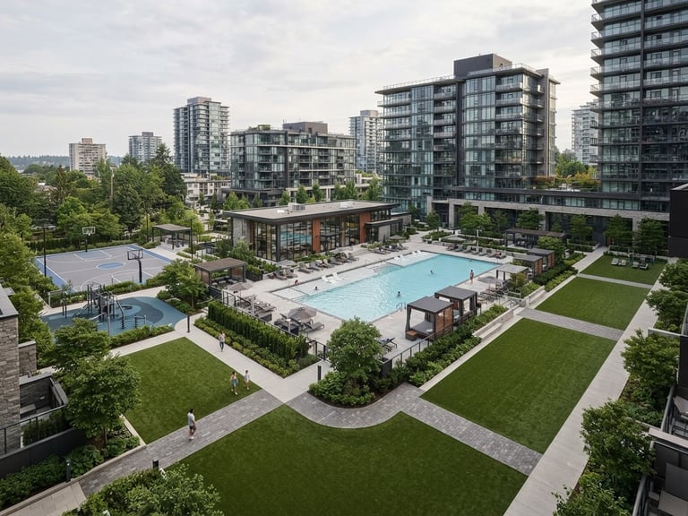 Architectural outdoor photography of a massive premium residential condominium recreation area with perfectly installed synthetic turf, soft overcast daylight, rich natural greens and deep grays, wide-angle lens, sharp details.