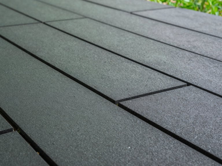 Macro detail shot of interlocking dark gray rubber tiles, perfectly aligned seams, clean architectural lines