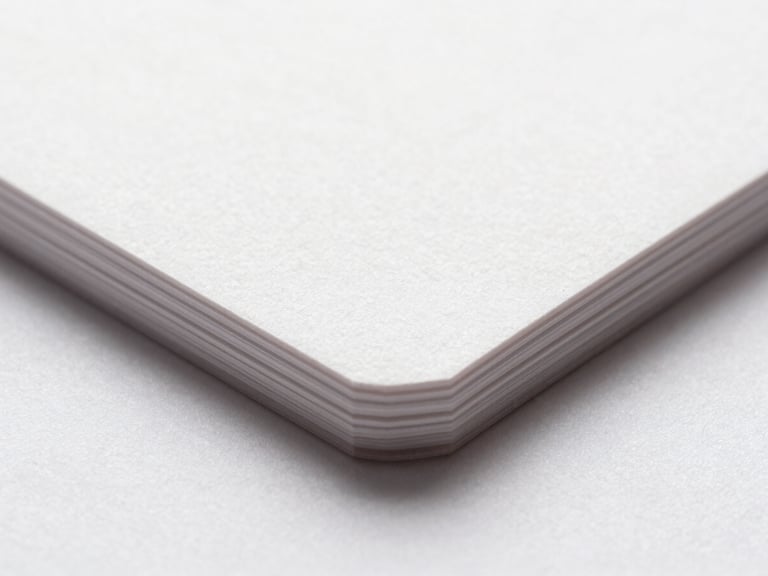 Macro close-up of high-fidelity printed business cards showing paper texture and sharp embossed edges, bright studio lighting, white background