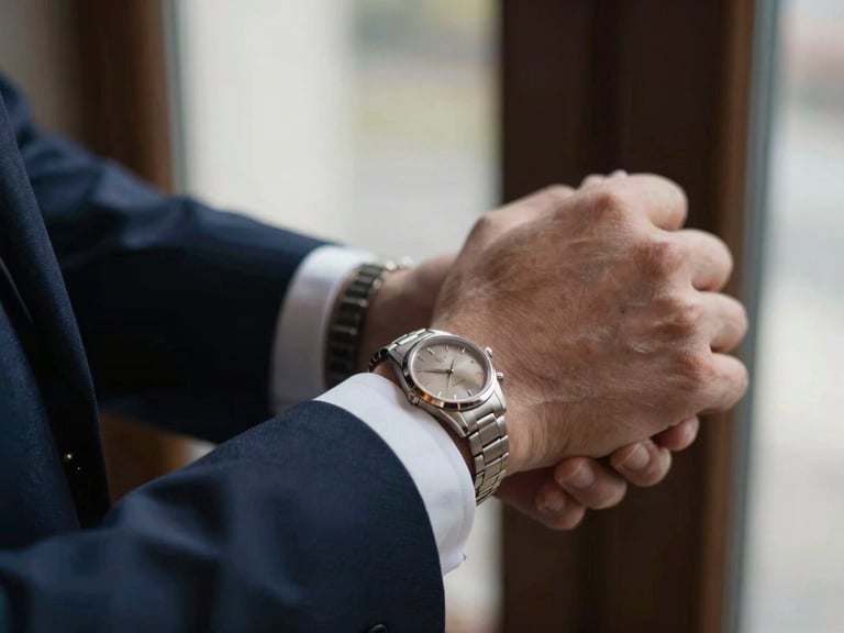 Macro shot of a hand in a tailored suit sleeve adjusting a high-end watch, reflecting soft light on polished metal, editorial lifestyle photography, 35mm