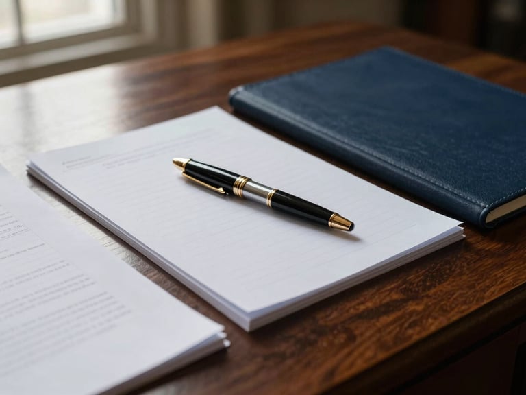 Close-up of polished mahogany desk with neatly organized documents and a luxury pen, soft natural window light, deep shadows, editorial lifestyle photography, 35mm