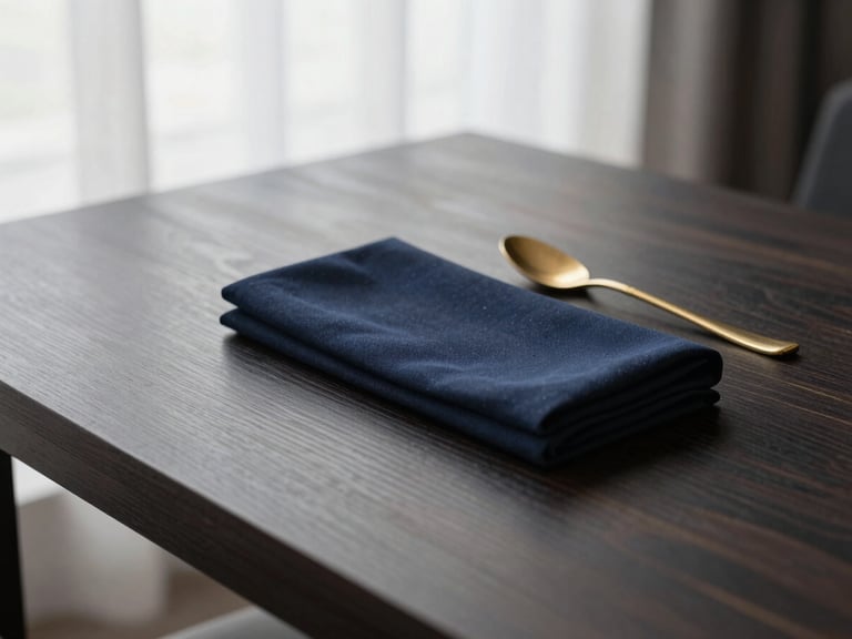 Elegant, minimalist place setting on a dark wood table with subtle gold accents, shallow depth of field, soft natural light, editorial lifestyle photography, 35mm