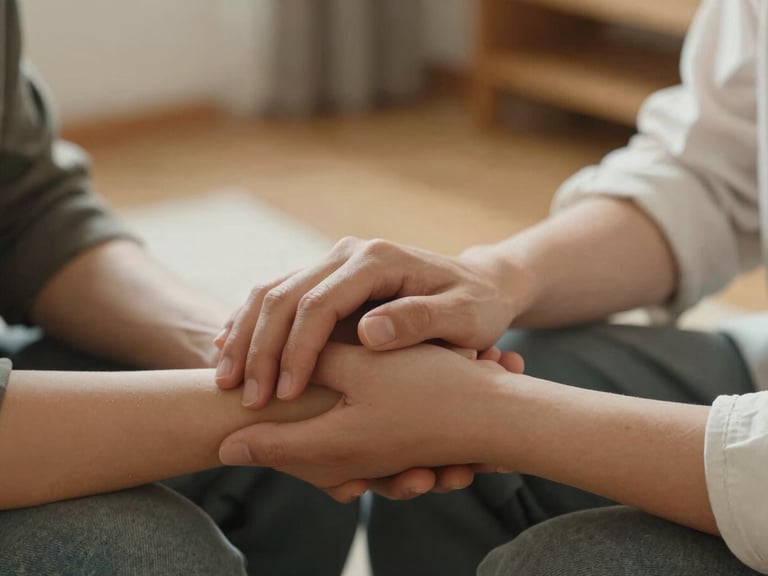 Close-up of two people sitting together, one hand gently and supportively resting on another's arm, soft-focus background of a warm, comfortable interior, natural lighting.