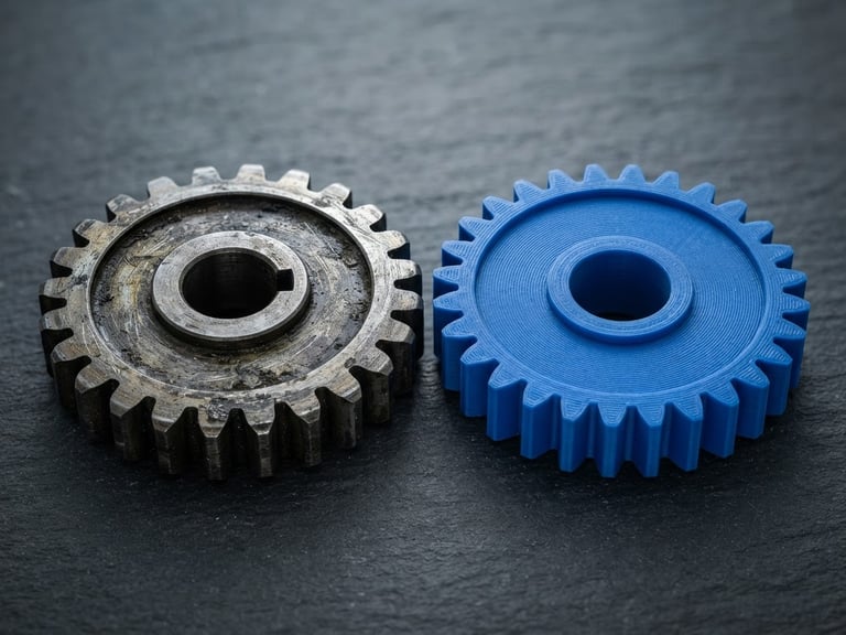 Crisp industrial product photography of a side-by-side comparison between a worn mechanical metal gear and its pristine blue 3D-printed replica on a dark slate technical surface, cool studio lighting, sharp geometric details, 50mm.
